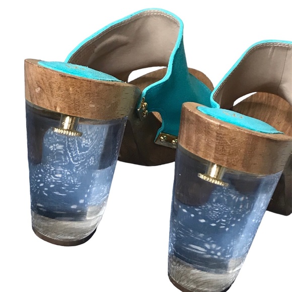 TRINA TURK Turquoise Suede Lucite Block Heel Wood Platform Mule Sandal 8.5 - Picture 2 of 10
